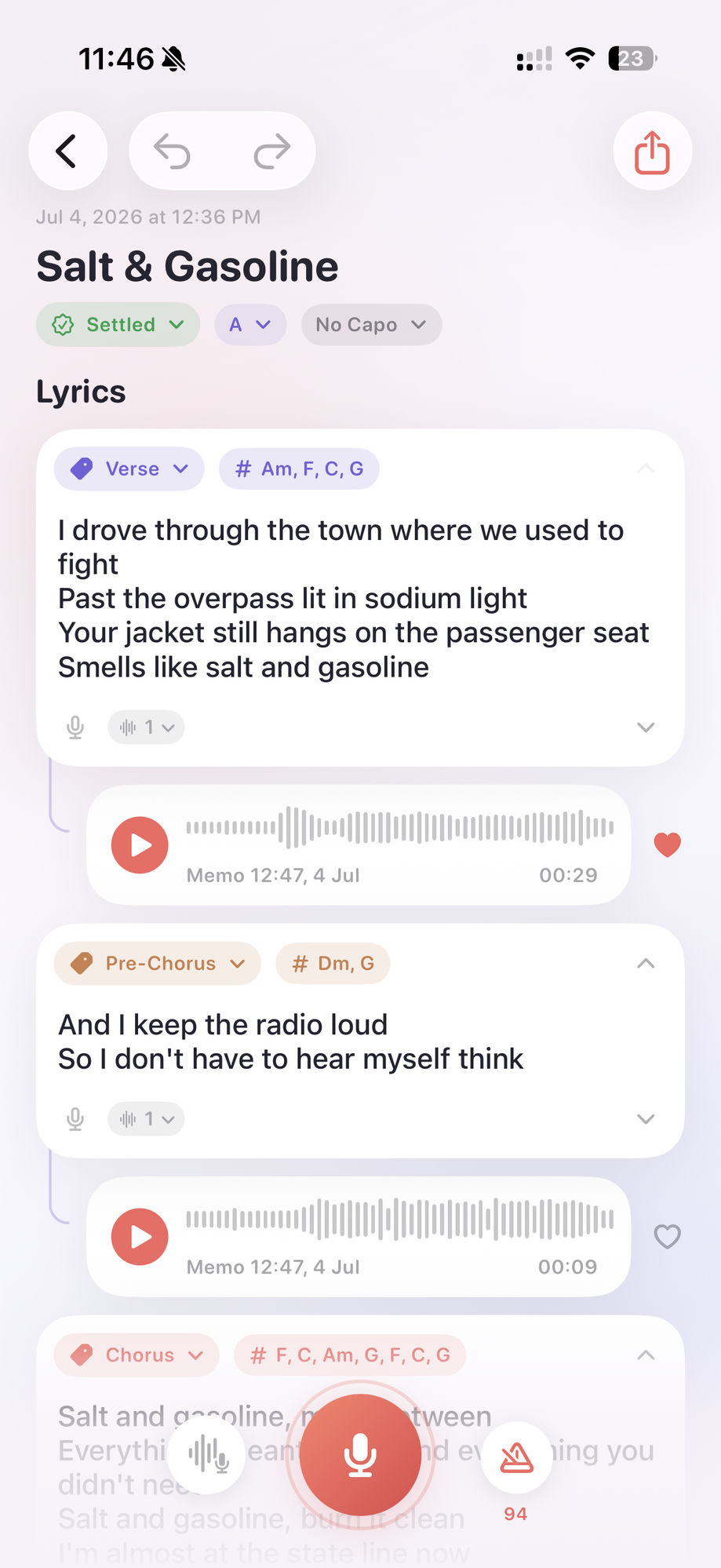 Jam Room song editor with lyrics, chords, and voice memos